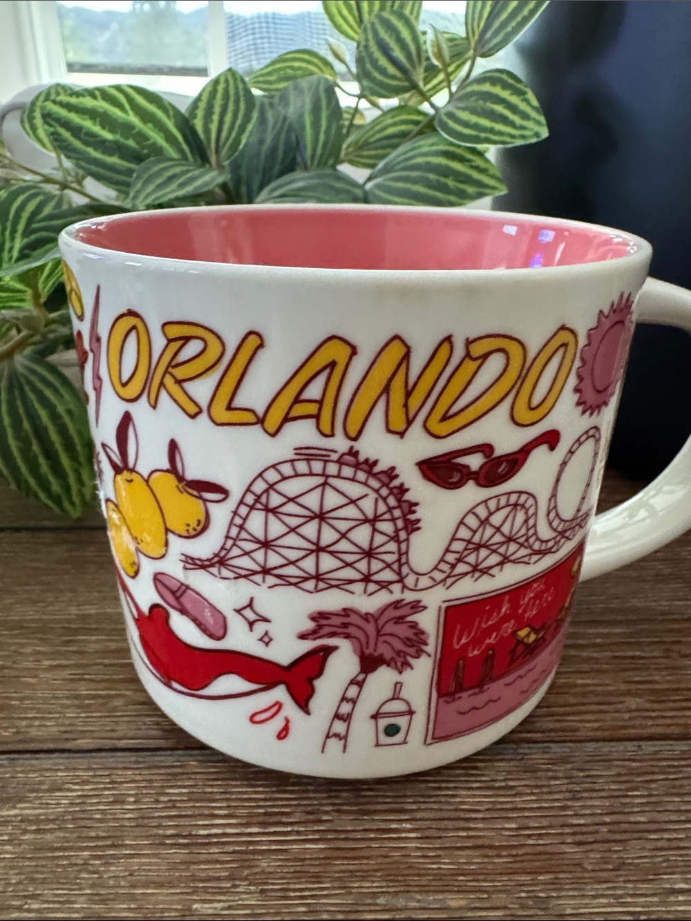 Starbucks Orlando Ceramic Mug — White with Pink Interior and Yellow Accents